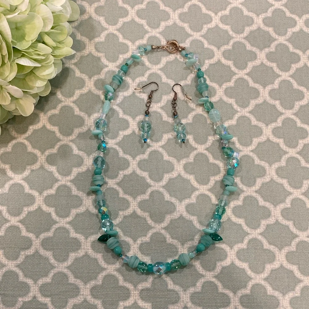 Handmade Teal Beaded Choker Necklace and Earring Set